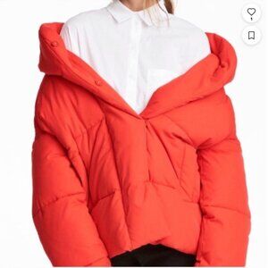 H&M Bright Orange Red Oversize Puffer Jacket w/ Hood and Pockets